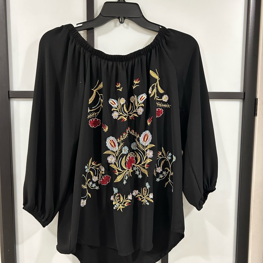 Amazon Essentials Black Blouse with Multicolor Em… - image 1